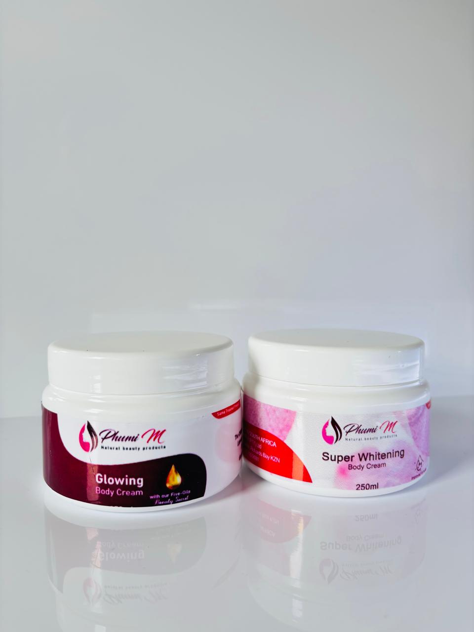 Phumi M Glowing Body Cream and Super Whitening Body Cream — authentic product photograph